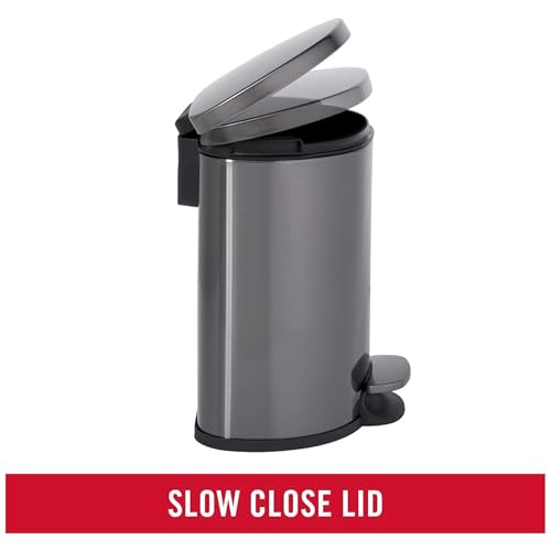 Image of Rubbermaid Stainless Steel Semi-Round Step-On Trash Can, 1.6-Gallon, Charcoal, Small Wastebasket with Lid for Home /Kitchen /Bathroom /Office