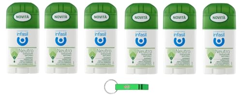 6x Infasil Deodorant Neutro Sensazioni Naturali Deo Stick - Duft mit ätherischem Öl - Deodorante 40ml + Beni Culinari Kostenloser Schlüsselanhänger