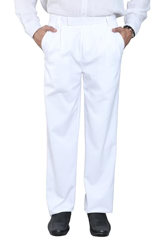 Particle Men's Double Pleated Classic Fit Formal Trousers - Cotton Rich Micro-Textured Office Pants, White, 32