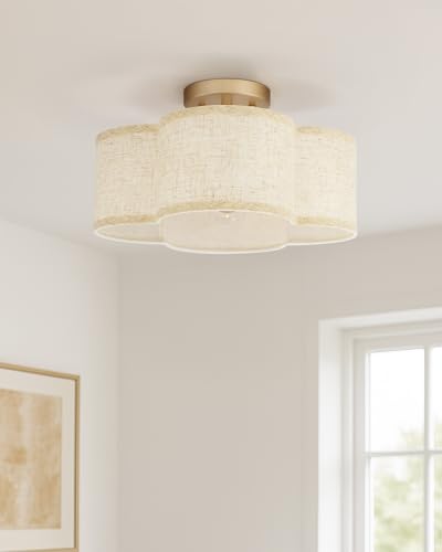 Image of Gold Semi Flush Mount Ceiling Lights, 4-Light 14 inch Gold Light Fixtures Ceiling Mount with Fabric Shade in Quatrefoil Shape, Drum lighting fixture for Nursery Bedroom Kitchen, AD-22007-4SF-GD-B