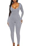 Mulisky Women's Sexy Long Sleeve Bodycon Jumpsuit Rompers One Piece Outfits Grey M
