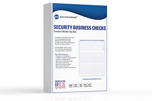 500 Blank Check Stock-Check On Top-Blue Marble Pattern-Compatible With Quickbooks,Quicken,Versacheck And More-(500 Laser Security Sheets-8.5''X11'' #24)-Made In Usa With Pride! #TOP5