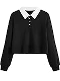 Remidoo Women's Collared Half Button Long Sleeve Polo Crop Top Sweatshirt Solid Black X-Large