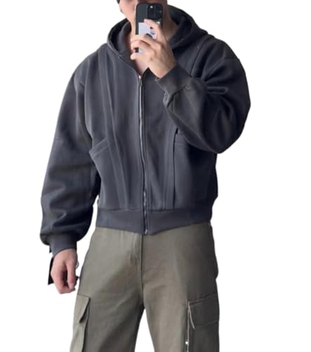 Mens Zip Up Hoodie Full Zip Long Sleeve Baggy Solid Color Cropped Hoodie Sweatshirt Hooded Jacket Hooded Sweatshirts