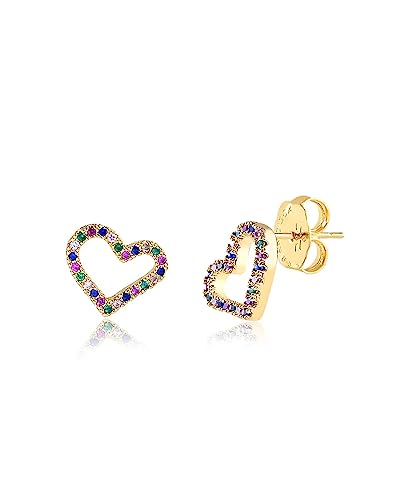 Brinco de Coração Vazado Cravejado com Zircônias Coloridas folheado em Ouro 18k