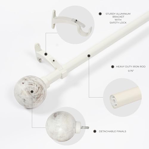 Image of Deco Window 18 inch-44 inch Adjustable Rustproof Curtain Rod for Doors & Windows with Brackets, Extendable Iron Metal Pipe Holder with Wood Ball Finials (Ivory,19MM Diameter)
