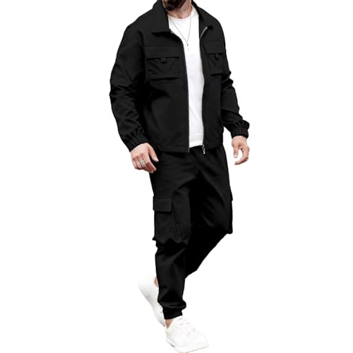 Hosyu 2XL Black Zipper Men's Cargo Jacket Track suit 2 Pieces Set Outfits Casual Multi-Pockets Long Sleeve Zipper Jacket and Cargo Pants Set