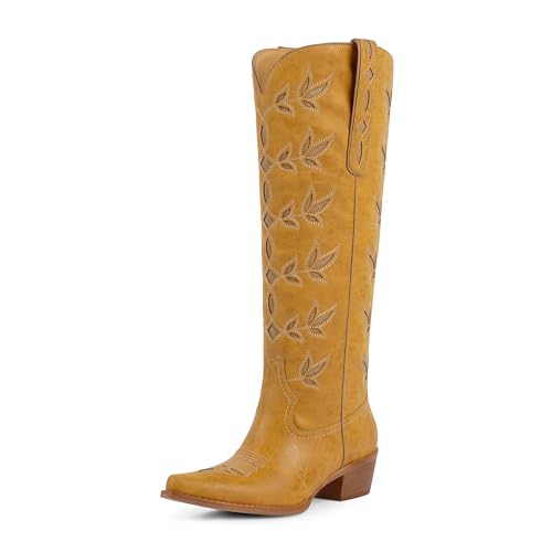 QIY Cowboy Boots for Women Knee High Womens Rhinestone Cowgirl Boots Pointed Toe Slip on Chunky Heel Western Boot