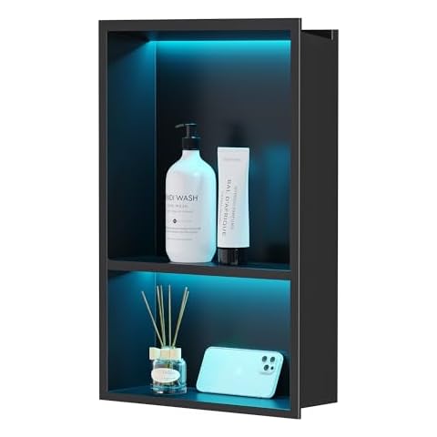 Qeke Stainless Steel Shower Niche 12" X 18", No Tile Needed Wall Niche with RGB Led Light, Recessed Niche Shower for Bathroom Storage Over Mount Installation, Matte Black Cover