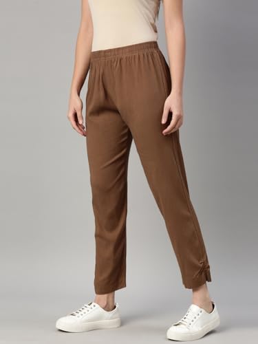 Image of MINELLI Women Solid Cigar Pants, Cotton Lycra Slub Fabric, Elasticated Waistband, Pull On Style, Regular Fit Bottom Wear for Western and Ethnic Wear