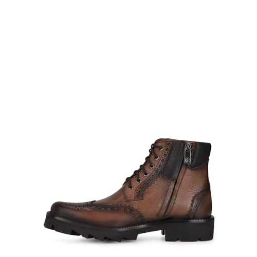 FRANCO CUADRA Urban Bostonian Boots, Honey Brown Leather, Wingtip Brogue, Lace-up with Side Zip3