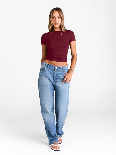 Image of Trendy Queen Womens Boat Neck Tops Short Sleeve Shirts | Compression Basic Tops,Y2K Aesthetic Slim Fit,Professional Business Casual, Polished Teacher Outfits