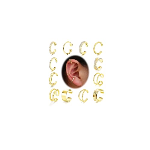 FUNRUN JEWELRY 12Pcs Ear Cuff For Women Non Piercing 14K Gold Plated Ear Cuff Gold Cuff Earrings For Women Pierced Earring Cuffs Non Pierced Lightweight
