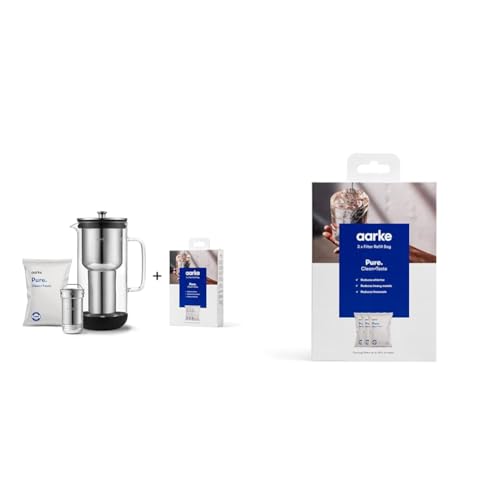 Image of Aarke Purifier, Water Filter Jug in Glass and Stainless Steel (2.4L/10 Cups) + 3-Pack Pure Filter & 3-Pack Pure Filter Refill Bags – Reducing Chlorine, Heavy Metals and Limescale