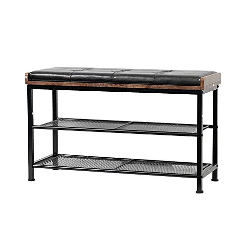 mymai Zapatero con 2 estantes, zapatero con asiento, estante para zapatos, metal y madera, para entrada (80 x 30 x 48 cm) Cover