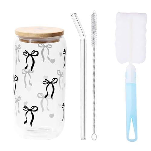 Leseogye Black Bow Glass Cup with Lids and Straw, 16oz Cute Cup Tumbler with Cleaning Brush, Aesthetic Clear Iced Coffee Smoothie Cup, Ideal for Cocktail, Coke, Soda