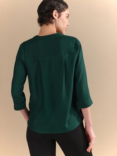 Image of FableStreet Women Shirt Work & Casual | Relaxed Fit Mandarin V-Neck Three-Quarter Sleeves Solid Pattern | Breathable Woven Fabric for Office & Everyday Wear