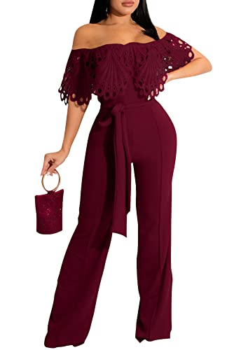Image of Off Shoulder Jumpsuit for Women High Waist Wide Leg Long Pants Jumpsuits
