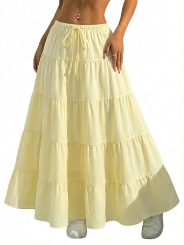 Image of Verdusa Women's Long Maxi Skirt Boho Flowy Flared Ruffle Skirts 2026 Beach Vacation Summer Going Out Outfits