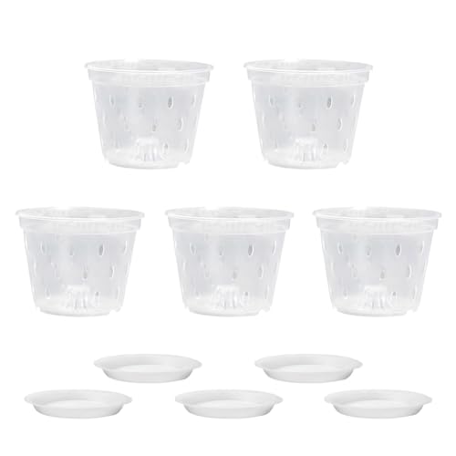 オーキッドポット 植え替え用の蘭の鉢 排水穴 受け皿付き ソーサー付き 胡蝶蘭 底穴あり ミニ植木鉢 室内屋外用 5点セット 園芸 植物栽培 庭 ガーデン 水耕栽培 多肉植物ポット 14X10.5cm プラントポットセット クリアポット