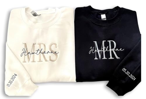 NAZENTI Custom Embroidered Mr & Mrs Sweatshirt & Hoodie, Personalized Couple Names, Custom Date On Sleeve, Engagement Gift