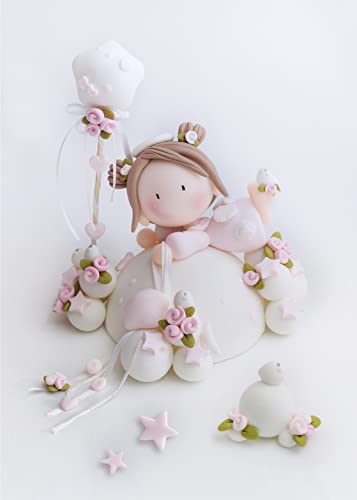 Fun Market Angel Cake Topper Set - Angel Figurine With Stars & Doves Cake Decorations - Handmade Clay Cake Topper Angel For Baptism, Baby Shower, Birthday, Christening - 17-Piece Angel Decor For Cake #TOP1