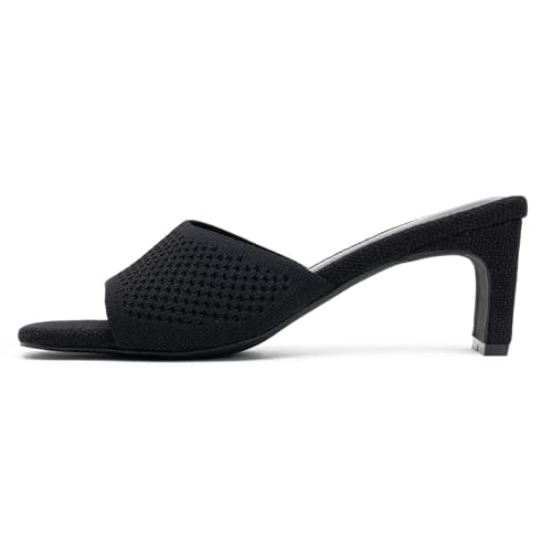 Vepose Women's Slip On Heeled Sandals, Approx 3 Inch Slim Block Heel, Square Open Toe Knit Mesh Woven Mules - Comfortable Dressy Shoes for Wedding Guest 6108