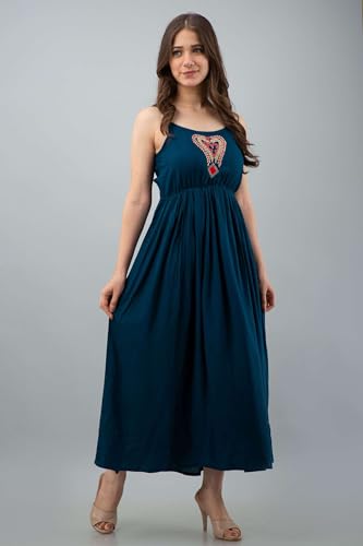 Image of Women's Rayon Sleeveless Embroidered Anarkali Kurti (Royal Blue)