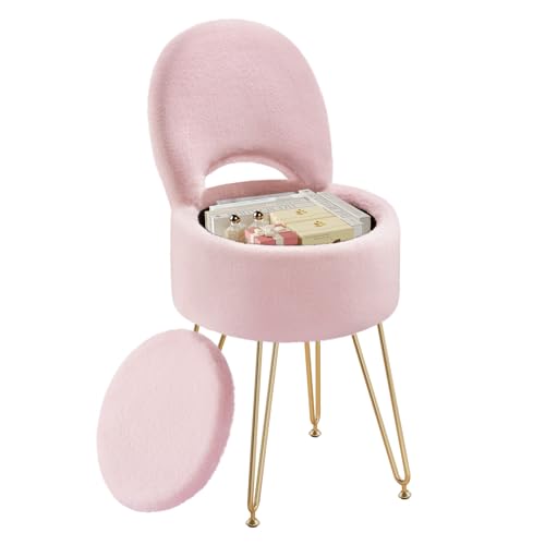 Rolanstar Velvet Vanity Chair with Hidden Storage – Foldable Backrest Converts to Footstool – Comfortable Makeup Stool for Bedroom or Dressing Table (Pink, Small)