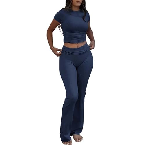 Generico Completo Sportivo Donna - Casual Two Piece Jogger with Round Neck T Shirt and Flared Pant for Workout Leisure Elegante Running Abbigliamento Donne Tuta Estiva Set Palestra Completa Pigiama