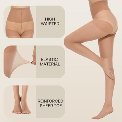 MANZI 6 Pairs Women's 20D Sheer Silky Pantyhose Run Resistant Nylon Tights High Waist Stockings with Control Top4
