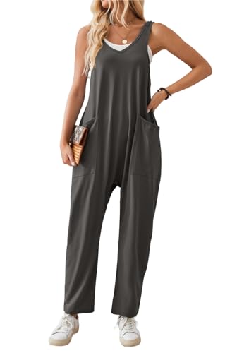 SotRong Sommer-Jumpsuit für Damen, lässig, Freizeit, ärmellos, V-Ausschnitt, Jersey, Strampler mit weitem Bein, einfarbi...