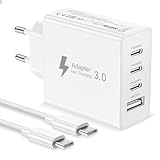 USB C Ladegerät, 50W 4 Ports Schnellladegerät mit USB-C auf USBC Kabel 2M, USB Stecker Mehrfach Power Adapter PD 3.0 USB Netzteil für iPhone 17 16 15 14 13 12 11 Pro Max, iPad, Samsung, Google,Handys