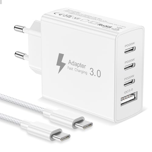 EU Travel Adapter Charger 50W European Plug Adapter with 3 USB C and 1 USB A Universal Travel Adapter European USB Charger Plug with Nylon 2M USB C Cable for iPhone 17 16 15 14 13/ iPad/Galaxy