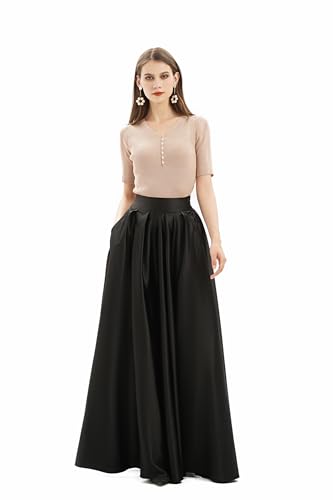 Diydress Women’s Satin Flared Swing Maxi Skirt Long Floor Length High Waist Fomal Prom Party Skirts with Pockets2