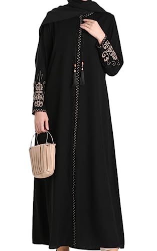 Women's Embroidered Sleeves Abaya and Embroidered On The Side of The Zipper Long Sleeve Floor Length Turkish Fashion