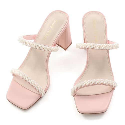 Image of Shoe'N Tale Pearl Strappy Heels for Women Two Band Chunky Block Heeled Sandals Square Open Toe Backless Mules Slip On Pumps Dressy Shoes