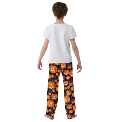 Pumpkin and Witch Hat Boys Long Pants Soft Trousers Elastic Waist Kids Lounge Bottoms with Pockets S-XL3