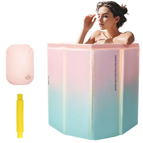 YTACREA Baignoire Portable Pliable Adulte, Baignoire de Trempage pour Bain Froid et Chaud, Rapide à Plier, avec Coussin de Siège Rempli D'eau, Douche, Spa, Sauna, 70*65CM, Vert Rose