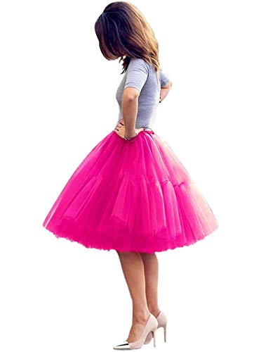 ELAWBTY Knielanger Prinzessinnen-Petticoat-Unterrock, Tüll, Tutu, Rock für Abschlussball, Party, P84, Knallpink (Hot Pink), XL-XXL
