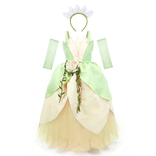 IMEKIS Disfraz de princesa de hada de tiana, disfraz de princesa de rana, disfraz de Halloween, cosplay, Navidad, carnaval, vestido de fiesta con varita mágica, para niños, cuento de hadas,