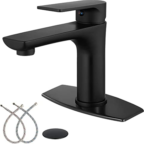 Midanya Matte Black Bathroom Sink Faucet Single Handle Single Hole Vanity Basin Hot & Cold Mixer Tap with Cover and Plate Pop Up Drain Commercial Modern Wash Basin Faucet Deck Simple Installation Cover
