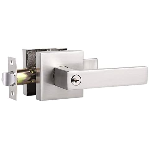 Knobonly 3 Pack Keyed Alike Satin Nickel Entrance Door Handle, Reversible Square Exterior Keyed Entry Door Lever Cover