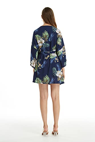 Matchable Hawaiian Luau Mother Daughter Women Kimono Dress or Girl Halter Dress in Pineapple Garden Navy4