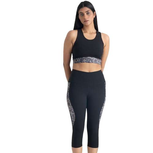 Image of HUNNIT Ankle Length Leggings for Women | High Rise Leggings for Gym | Sweat Wicking Fabric | Squat Proof Workout Leggings | Spandex Leggings | No Camel Toe | Floral Design