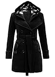 WIWIQS Women's Lapel Collar Double Breasted Winter Long Trench Pea Coat with Removalable Hood Solid Casual Long Coat BLK XL