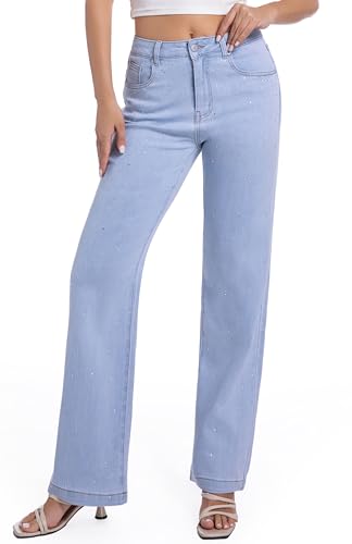 Straight Jeans for Women Cotton Rhinestone Trendy Mid Rise Women's Stretch Jeans