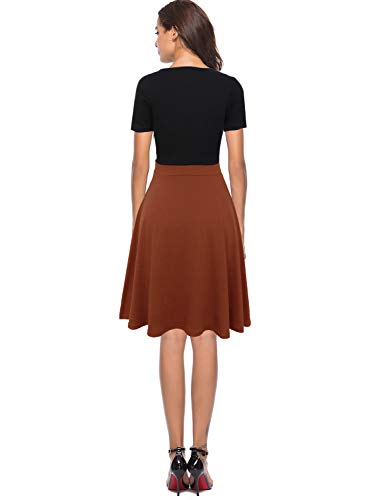 Berydress Women's O-Neck Short Sleeve A-Line Slim Fit And Flare Knee-Length Patchwork Button Down Swing Casual Dress (S, 6091-2Bk+Bn) Brown #TOP1