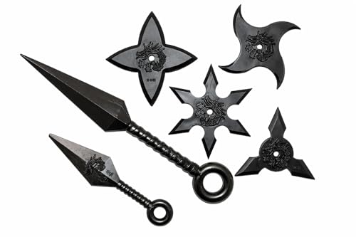 Ninja Shuriken & Kunai Set 6pcs Black PVC Soft Made in Japan Throwing Stars 3.35 in Kunai 5.5 in & 9.8 in