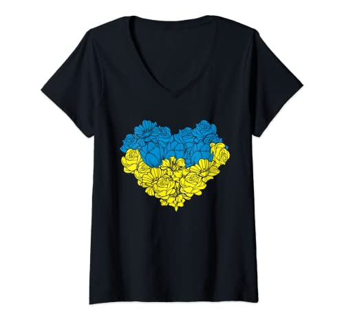 Mujer Flores Corazón Ucrania Bandera Ucrania Ucraniano Ucraniano Camiseta Cuello V